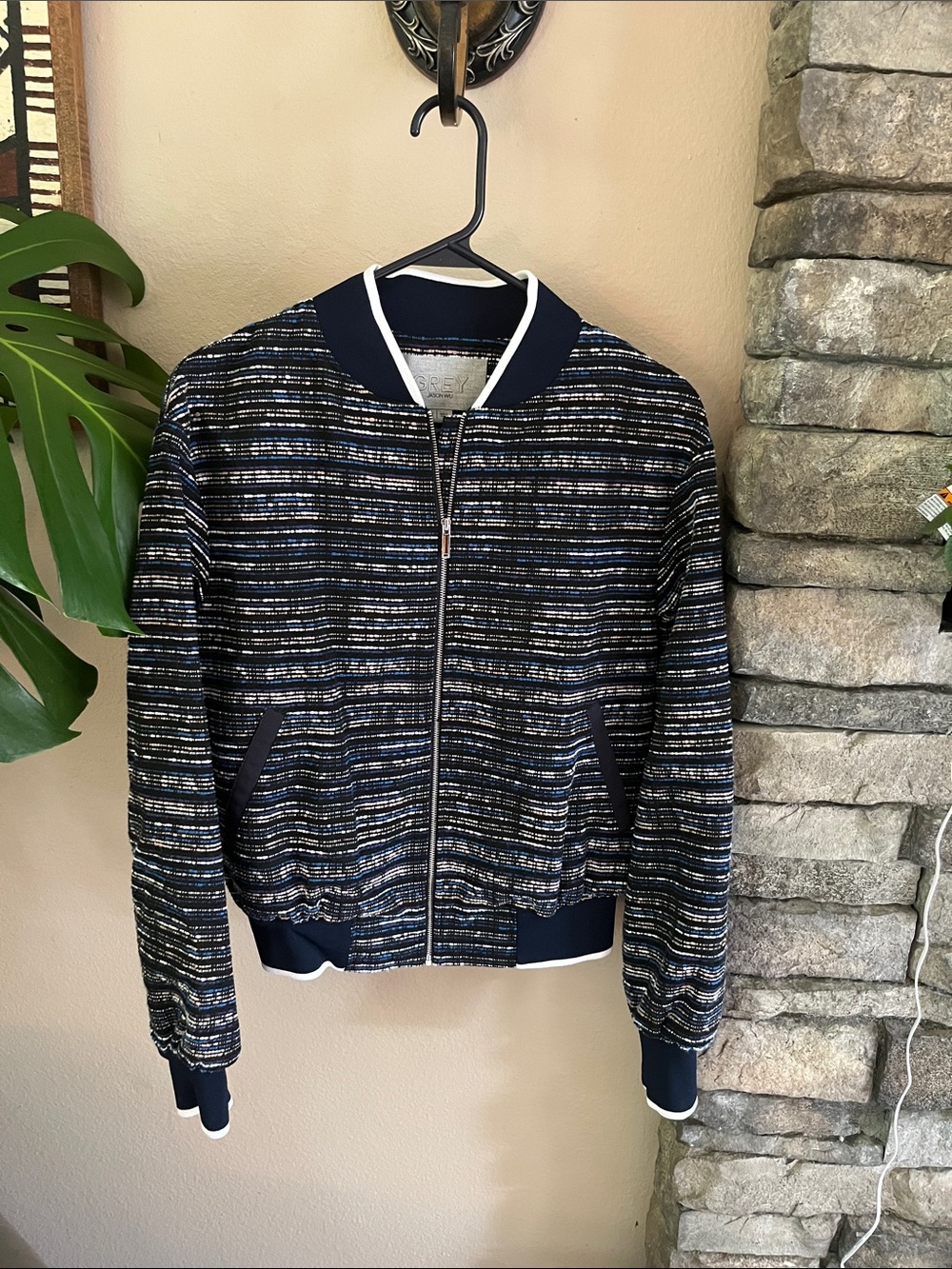 Grey by Jason Wu Navy, White, Blue & Pink Striped Bomber Jacket